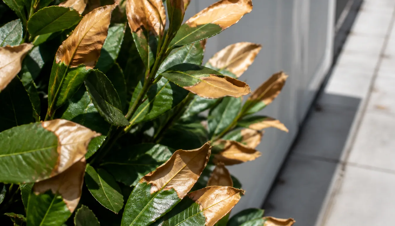 Skip Laurel leaves bleached dry tan on their exposed halves beside a pale wall and concrete paving, shaded leaves still glossy green