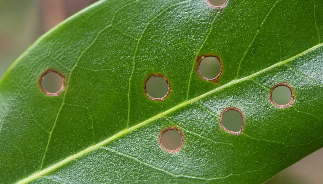 Skip Laurel leaf showing round shot hole damage where dead tissue has fallen out