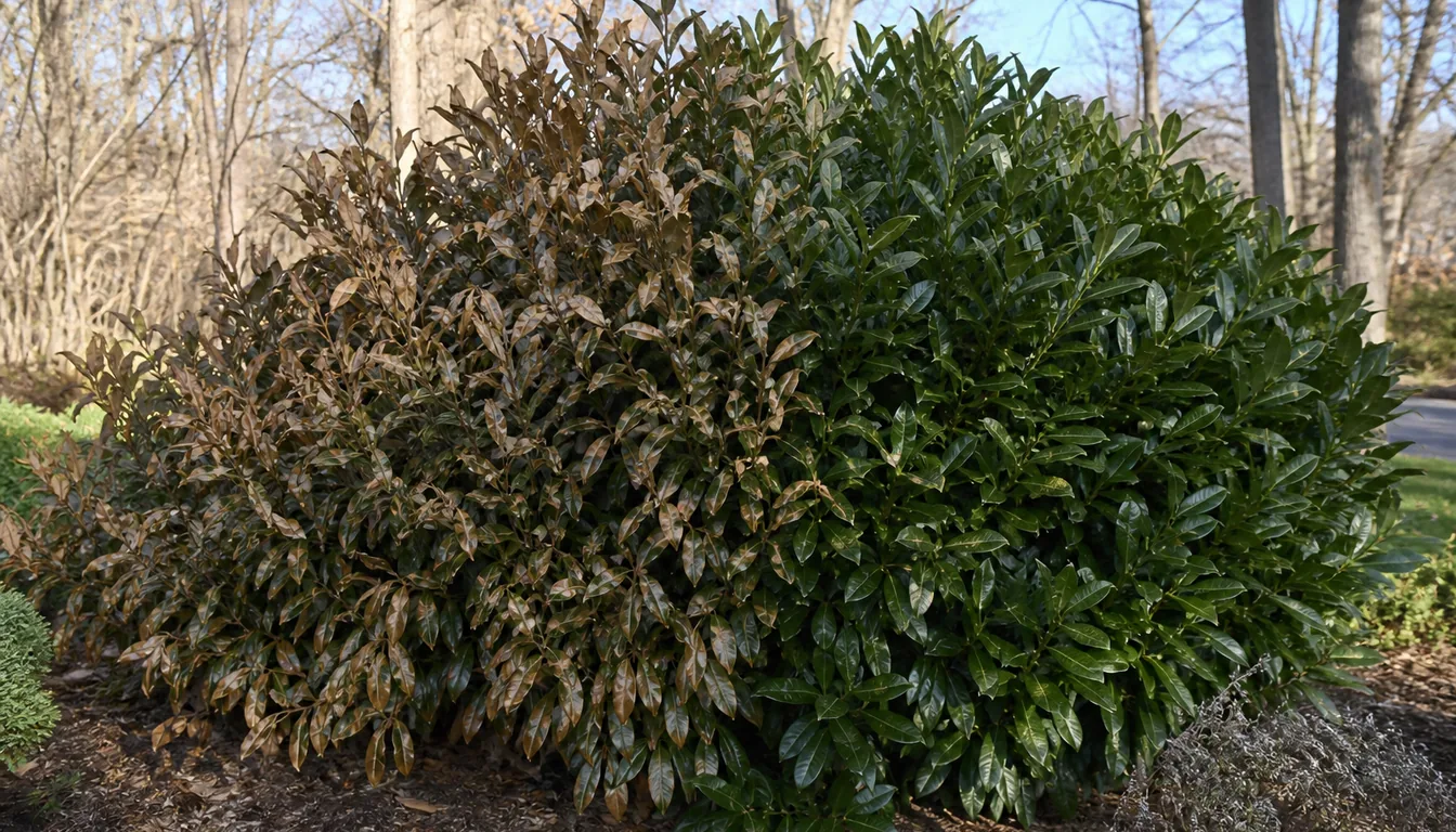 A Skip Laurel hedge in late winter with bronzed dried foliage on its exposed side while the sheltered side stays dark green