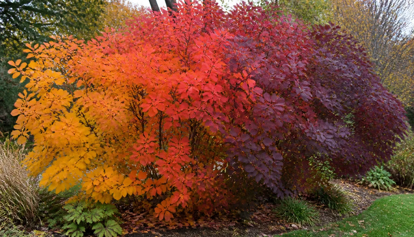 A whole smoke tree in late October with no plumes left, its rounded leaves turned yellow on one side of the plant through orange and scarlet to deep purple-red on the other