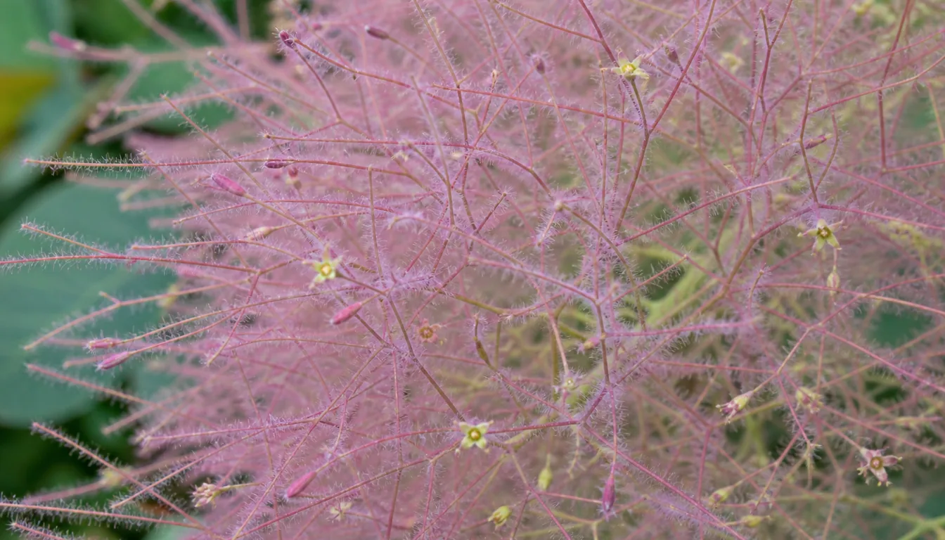 Extreme close view of a smoke tree panicle showing the haze is thousands of long fine hairs on slender branching stalks, with a few tiny yellowish true flowers among them