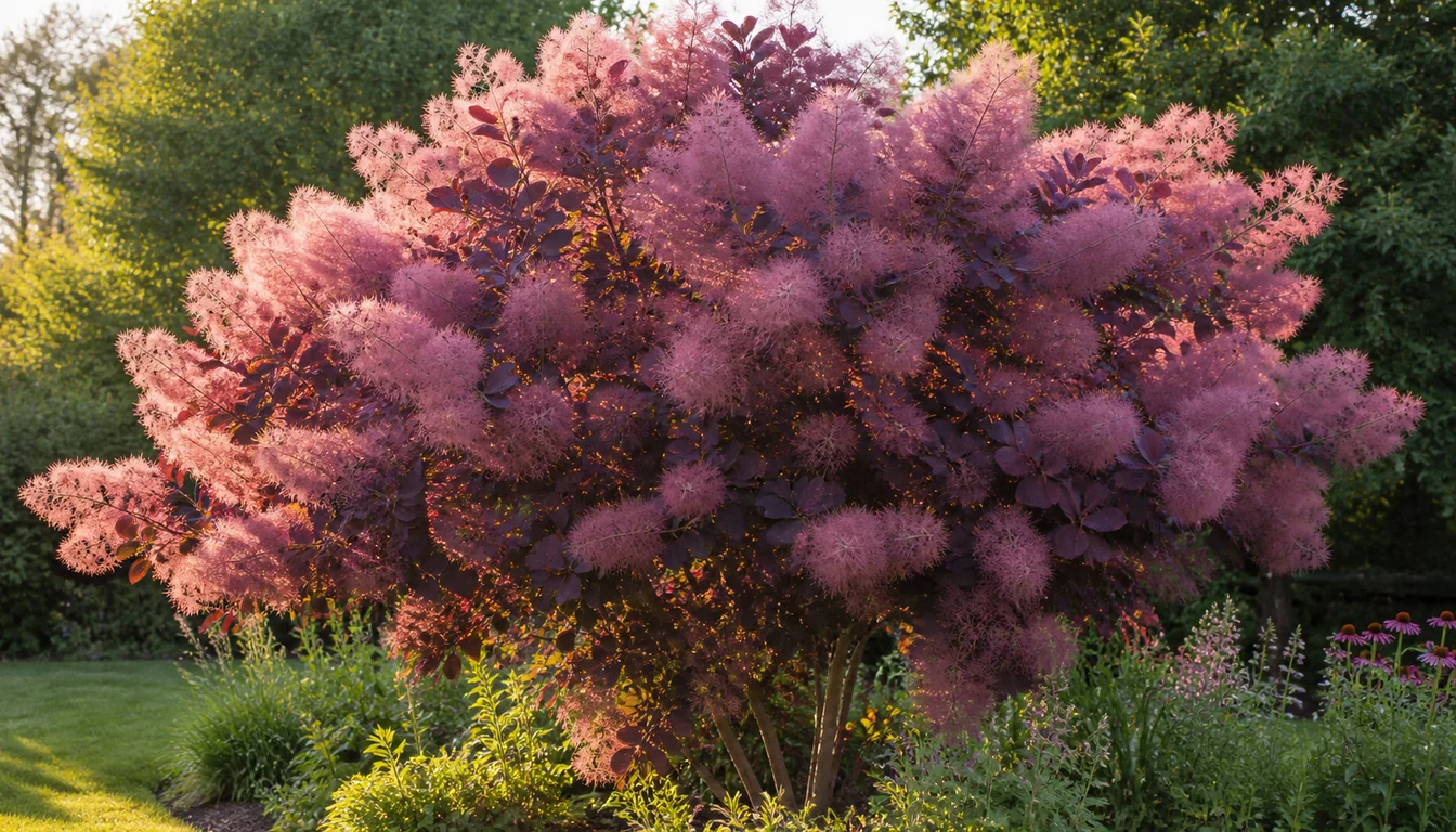 Purple-leaved smoke tree in a mixed border with its whole crown veiled in airy pink feathery plumes, backlit by low afternoon sun, with lawn to the left and coneflowers to the right