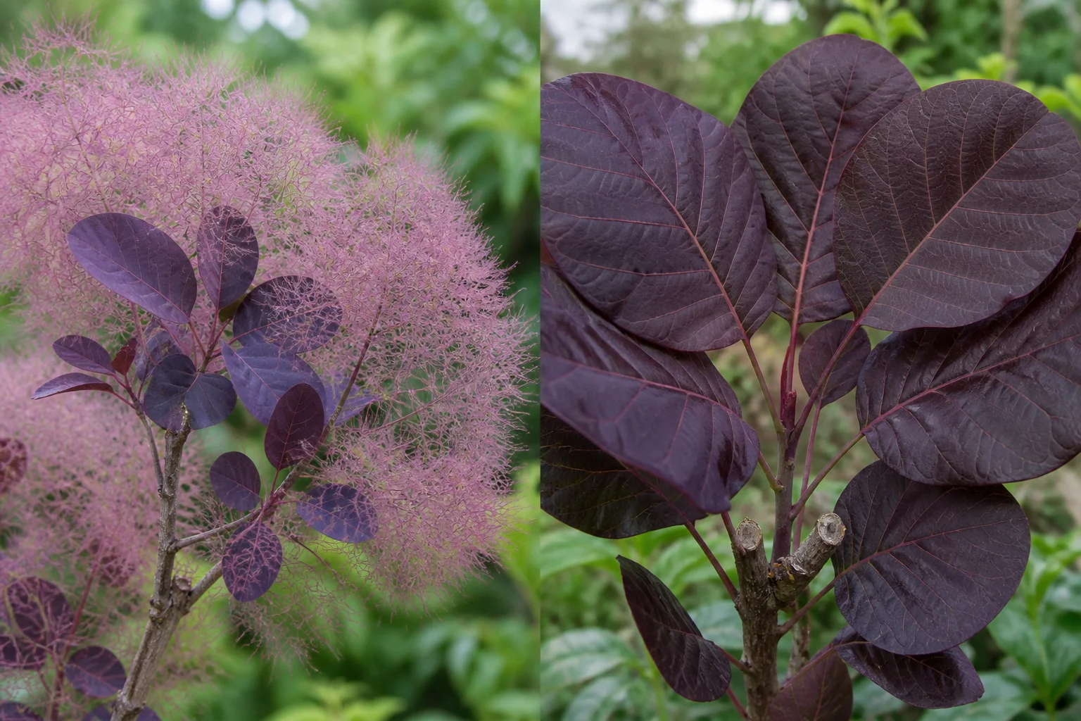 Side-by-side smoke tree branch comparison showing a lightly-pruned branch with airy smoke plumes and a hard-pruned branch with oversized leaves and no plumes