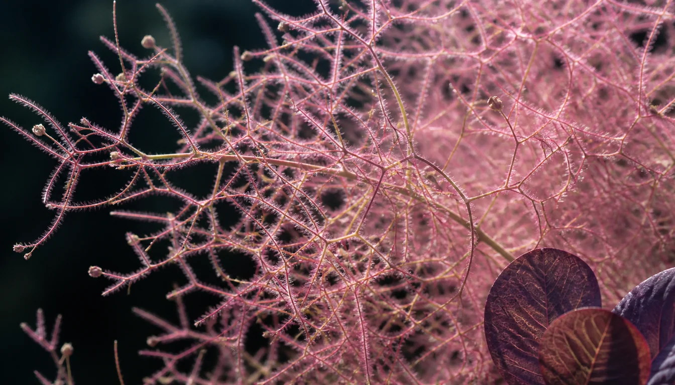 Macro view of a smoke tree panicle filling the frame with fine pink hair-covered filaments branching off spent flower stalks, with two dark purple rounded leaves at the lower right