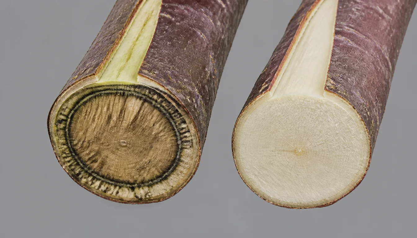 Two cut smoke tree stems angled toward the camera against a plain gray background, the left cut face ringed with dark olive-brown to near-black stained wood, the right cut face clean and evenly cream-white