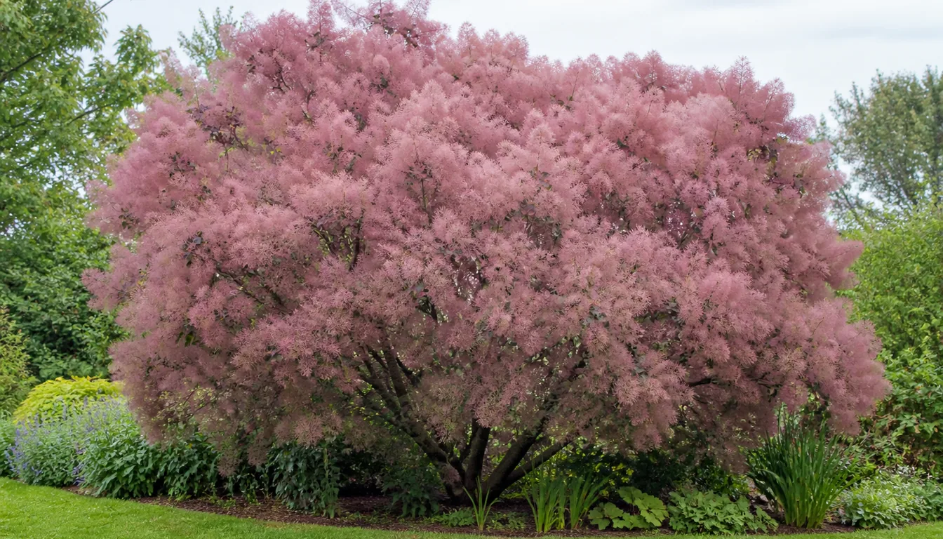 A whole broad multi-stemmed smoke tree in a garden border under a vast pink-mauve haze that reads as a cloud floating over the plant
