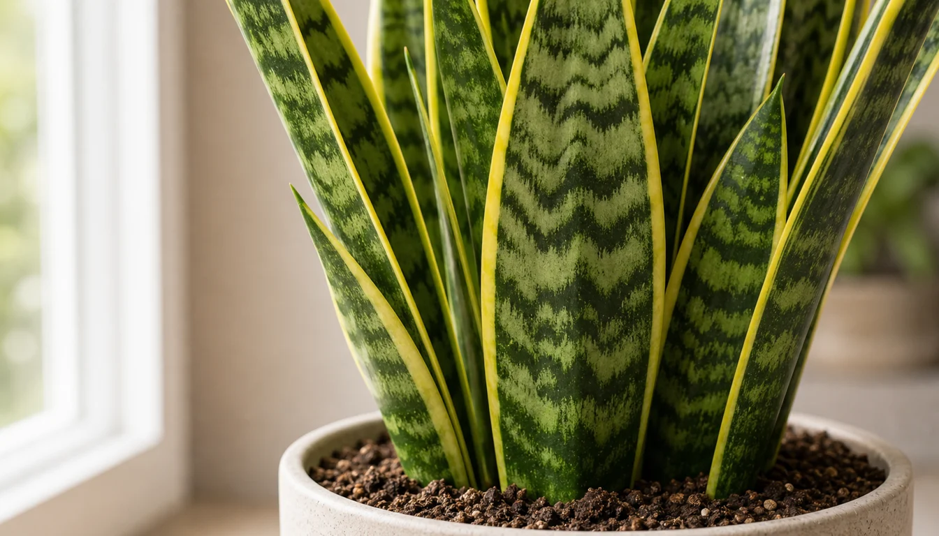 Snake plant leaf cluster with yellow margins and new center growth
