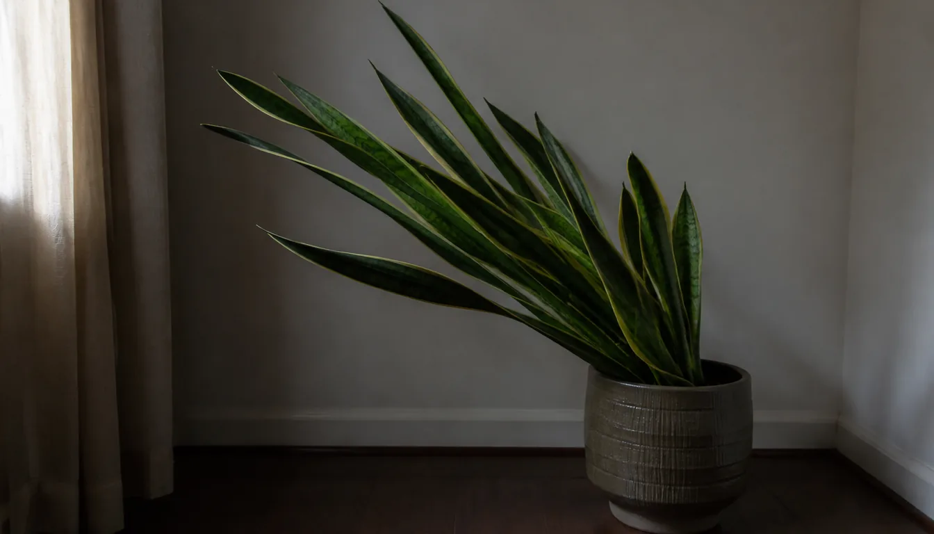 A snake plant in a dim room corner with its stiff leaves fanned outward and leaning hard toward a curtained window on one side instead of standing in a tight upright rosette