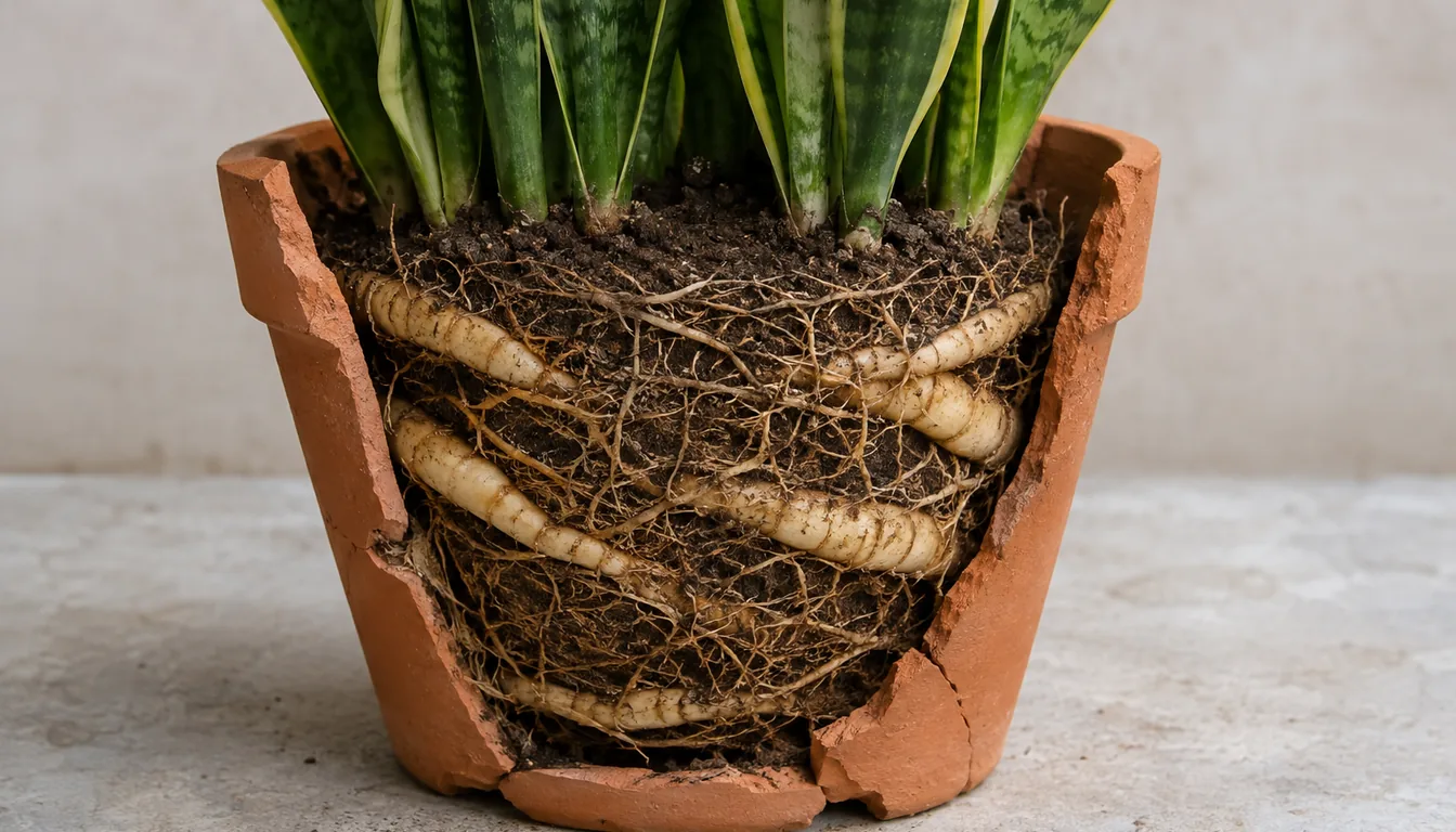 A snake plant root ball inside a terracotta pot that has split into pieces, with thick pale cream rhizomes ringing the outside of the root ball where they pressed against the clay