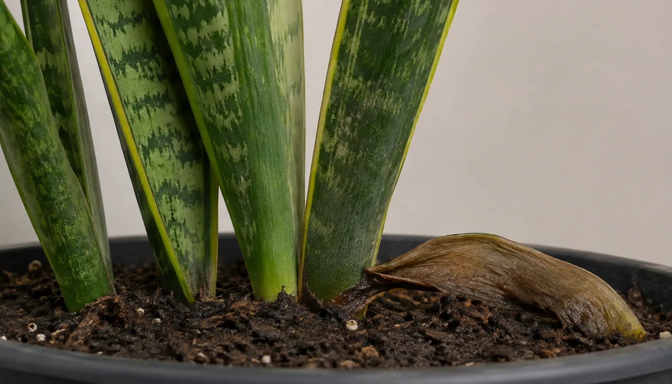Close view at the soil line of a potted snake plant where one leaf has gone soft and brown and folded flat over the damp mix while the leaves beside it remain stiff, green and upright