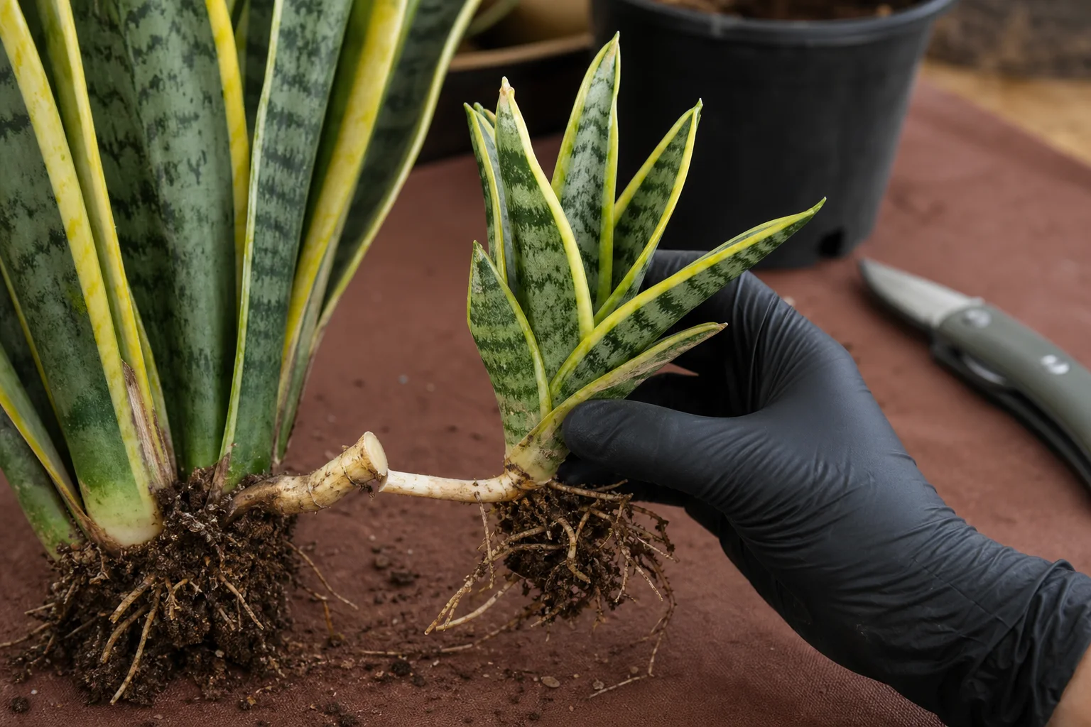 Yellow-edged Snake Plant offset with its own roots and a clean cut through the pale connecting rhizome on a rust-colored mat
