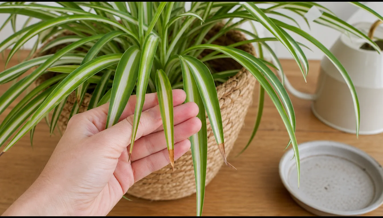 Hand holding spider plant leaves with dry brown tips while the central crown stays green