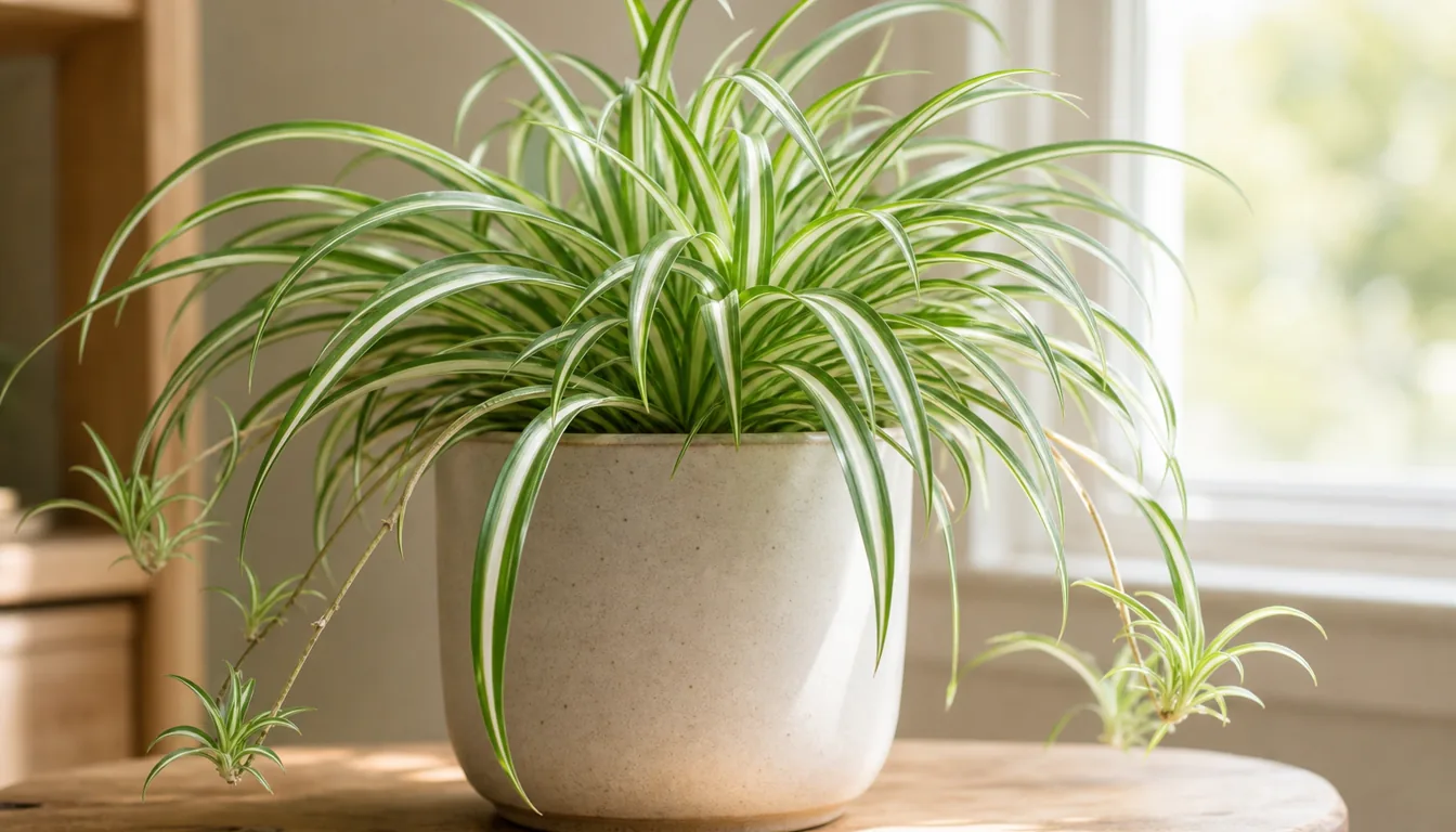Spider plant with striped arching leaves and hanging baby plantlets in bright indirect light