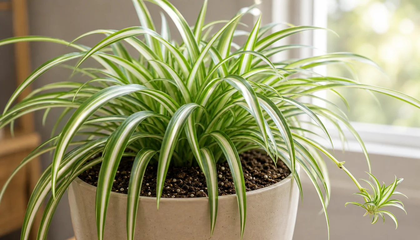 Spider plant runner with several baby plantlets ready to root near the mother plant