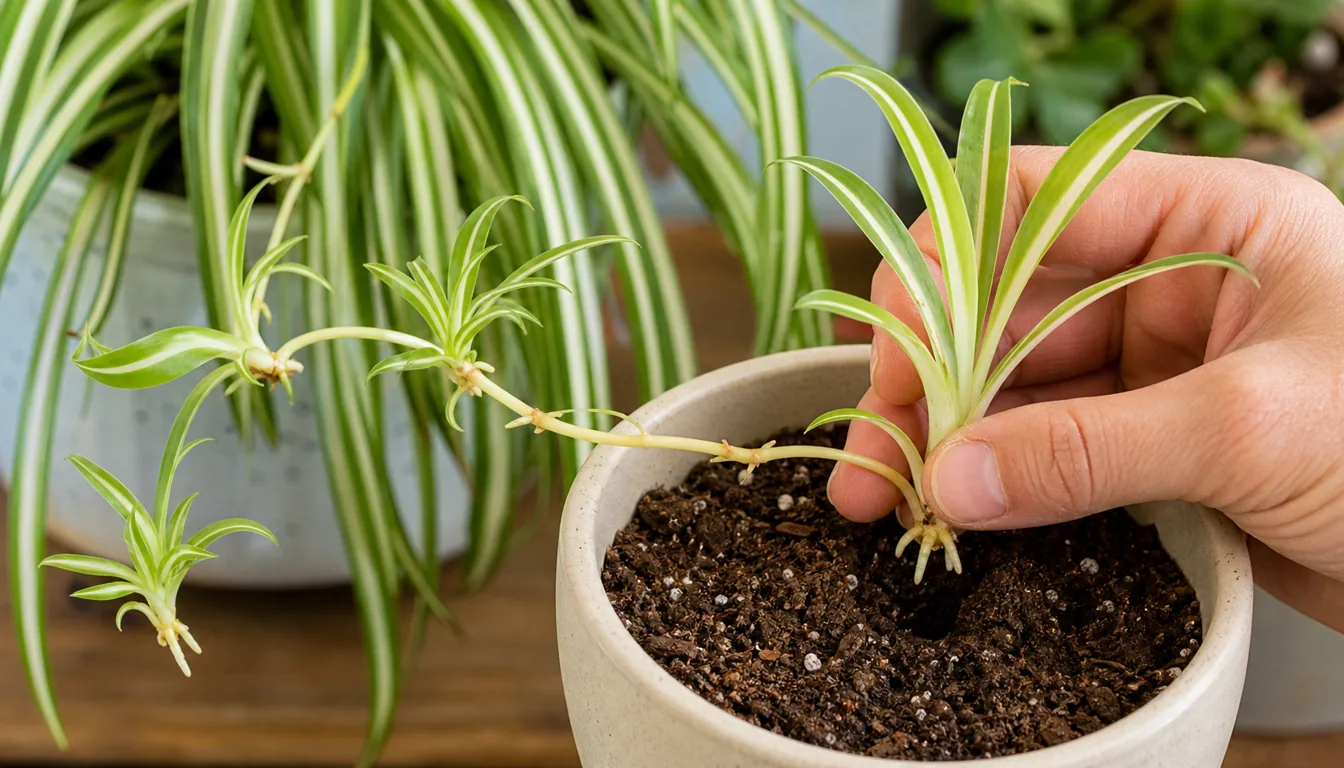 Spider plant baby pinned onto a small pot while still attached to the runner