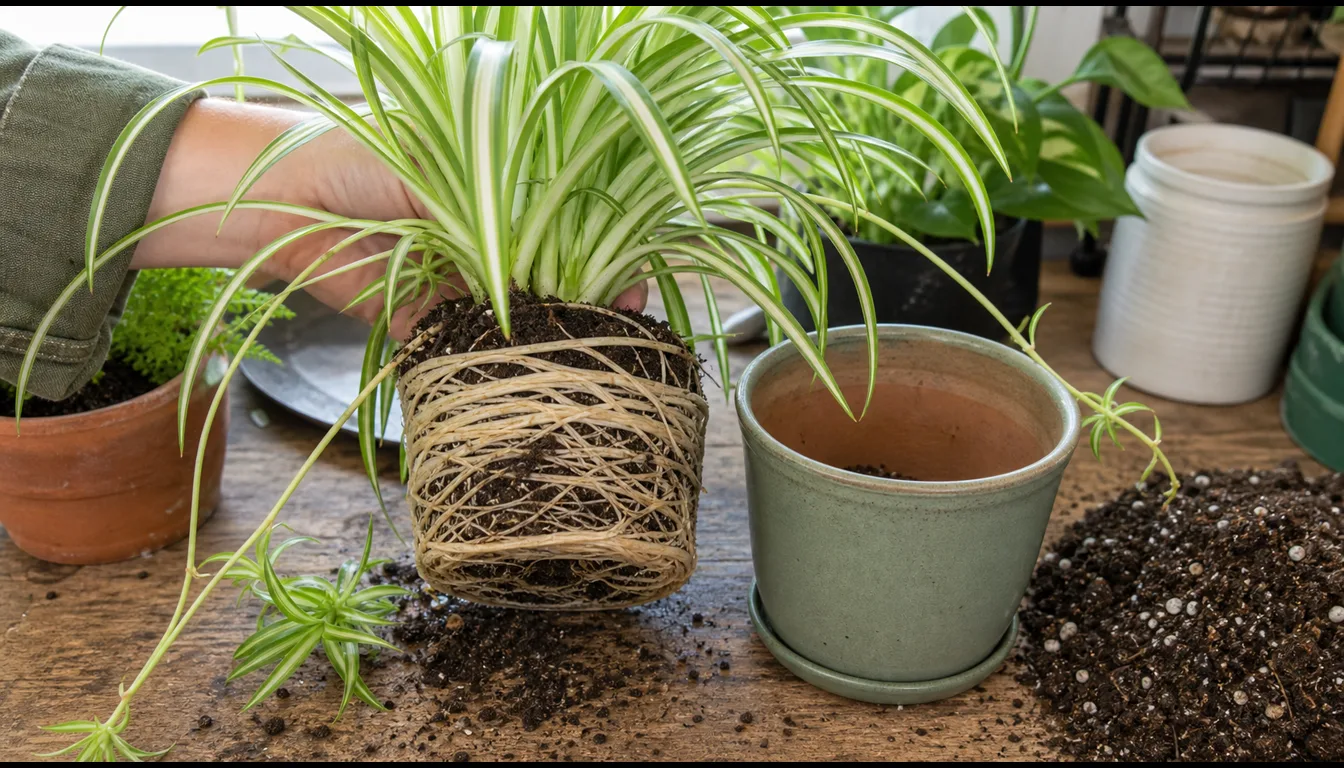 Spider plant lifted from a pot with thick pale roots circling beside a modest next-size container