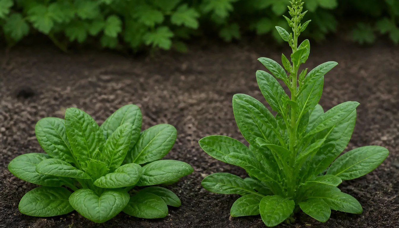Low leafy rosette beside a taller plant with an elongated central flowering stalk