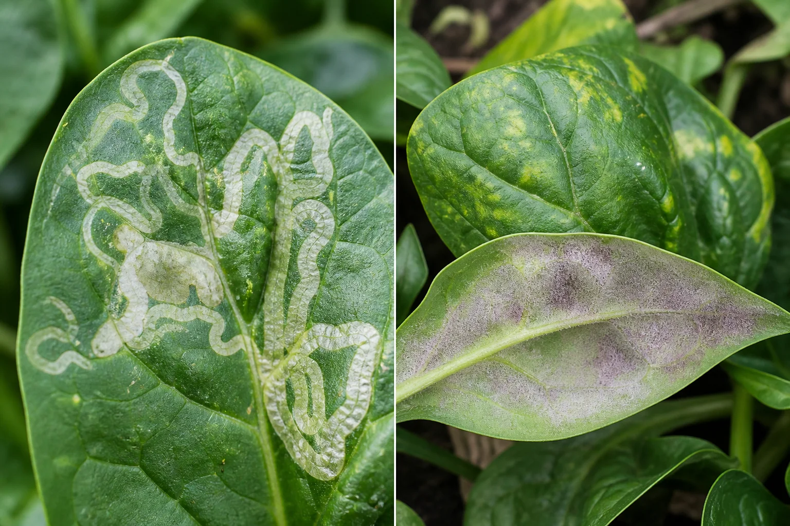 Side-by-side spinach leaf comparison showing white winding leaf miner tunnels on one leaf and yellow patches with fuzzy gray-purple downy mildew growth underneath on another