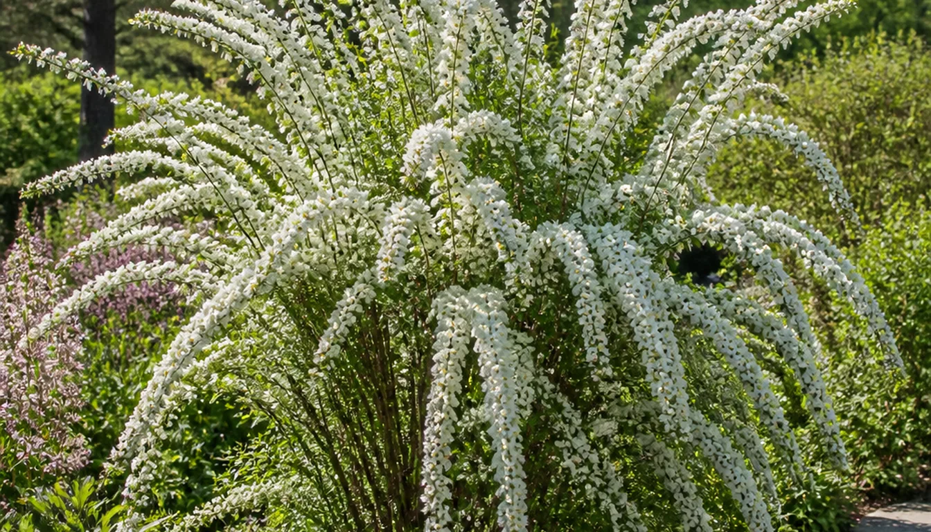 A tall bridal-wreath spirea in bloom, long arching canes above waist height spilling outward in a fountain of small white flowers