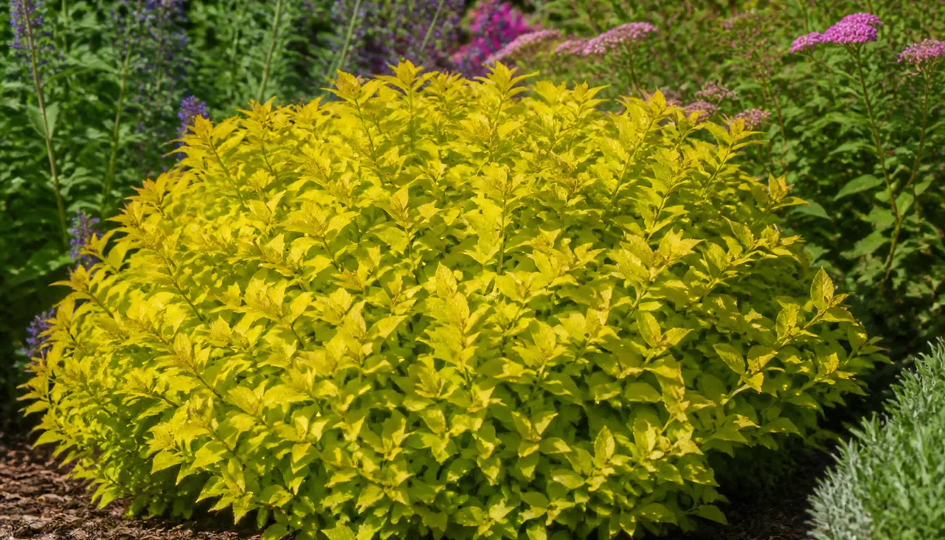 A compact gold-leaf spirea forming a low rounded mound of bright chartreuse foliage at the front edge of a sunny border
