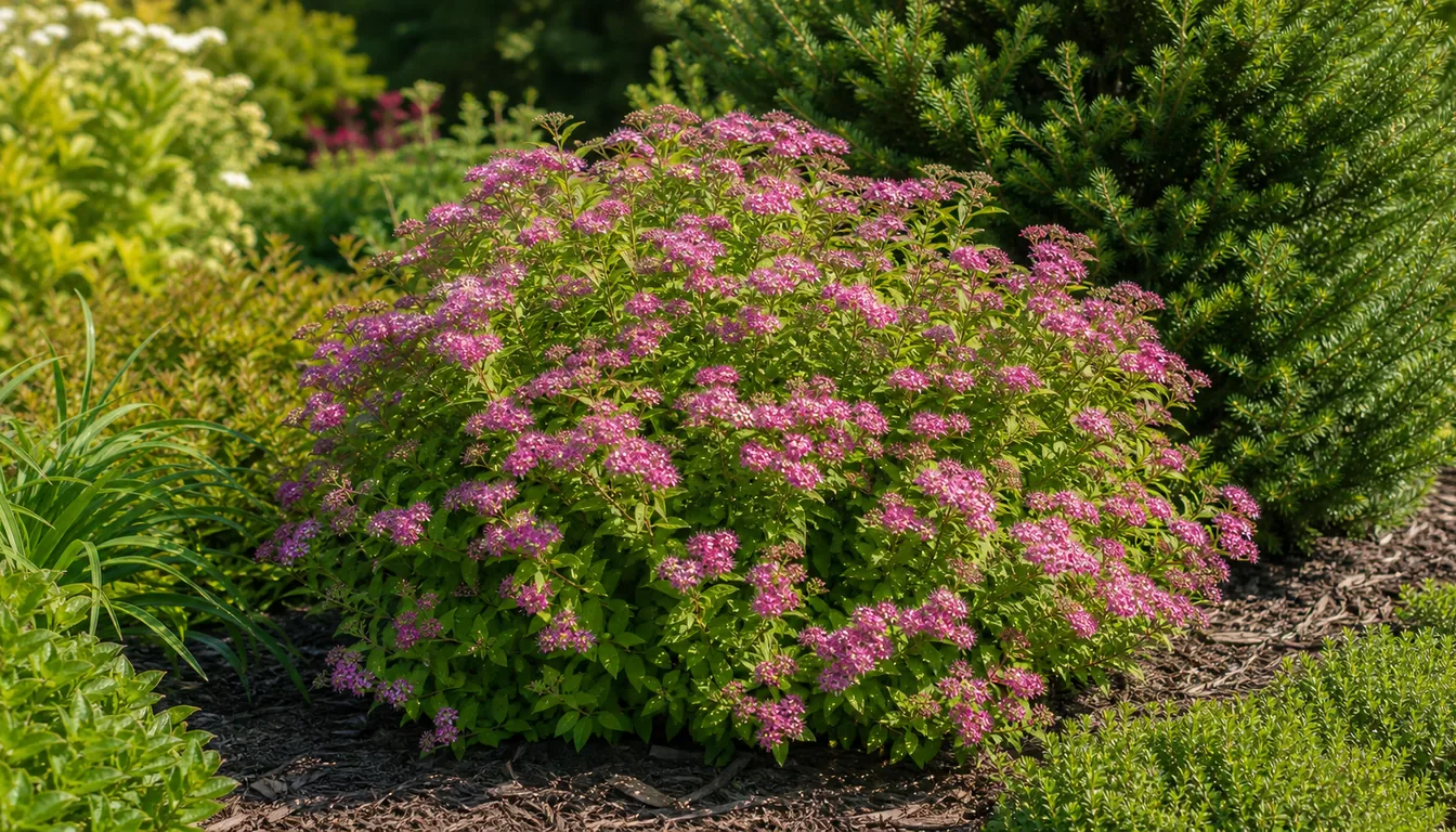 Mounded spirea shrub covered with pink flower clusters in a sunny mixed border