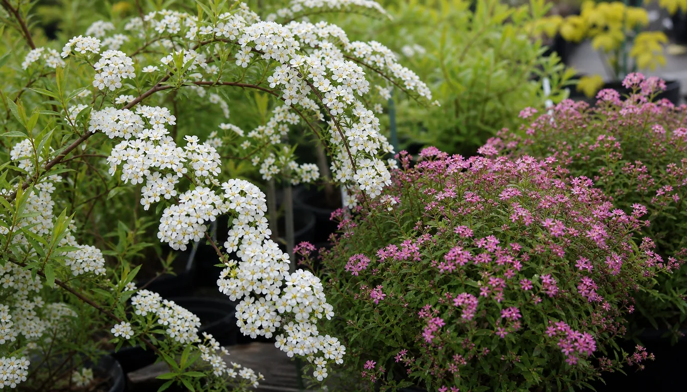 Arching white spirea flowers beside compact pink spirea growth showing different shrub habits