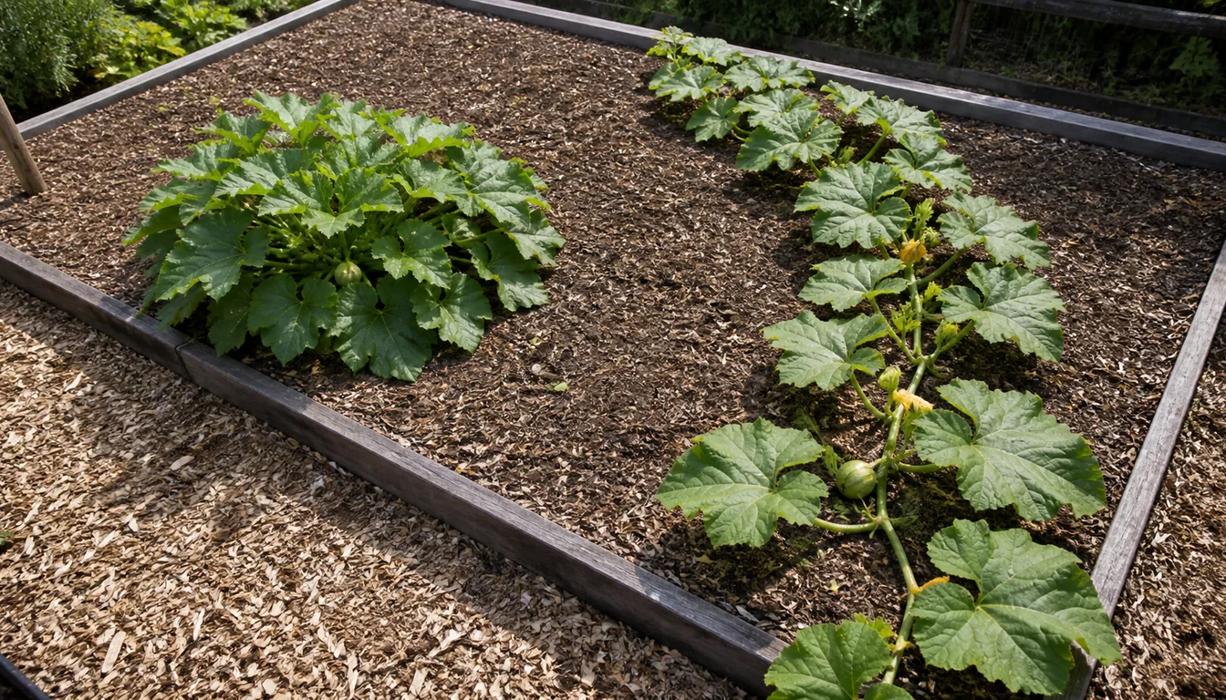Compact bush squash beside a long winter squash runner trained along the edge of a raised bed