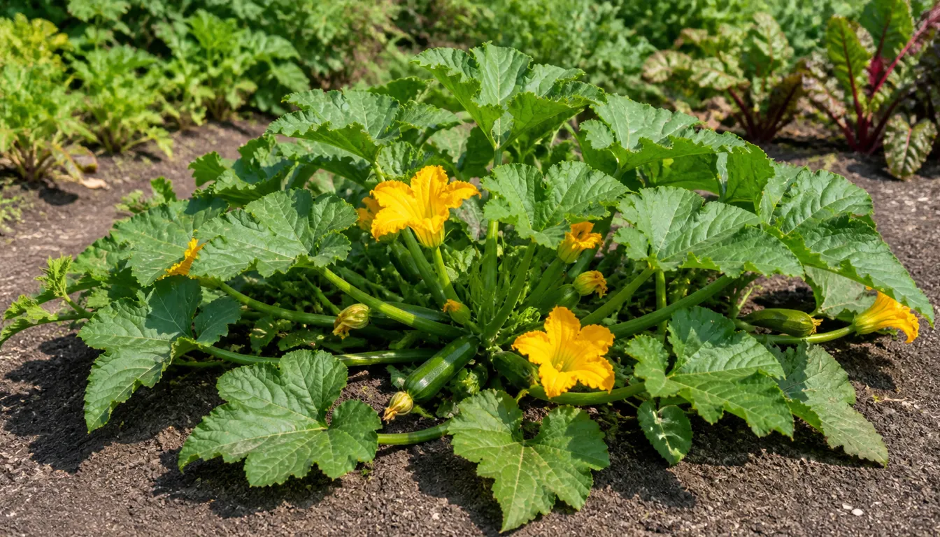Yellow squash blossoms and developing squash fruit on broad garden vines