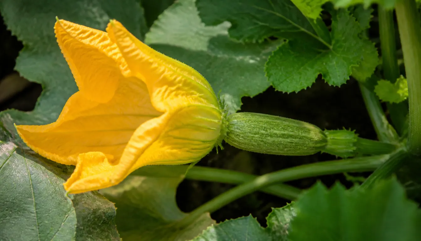 Squash vine leaves with young fruit forming near open yellow flowers