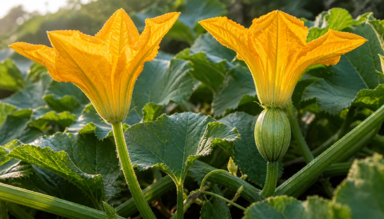 Male squash flower on a plain stem beside a female flower with a small ovary behind the petals