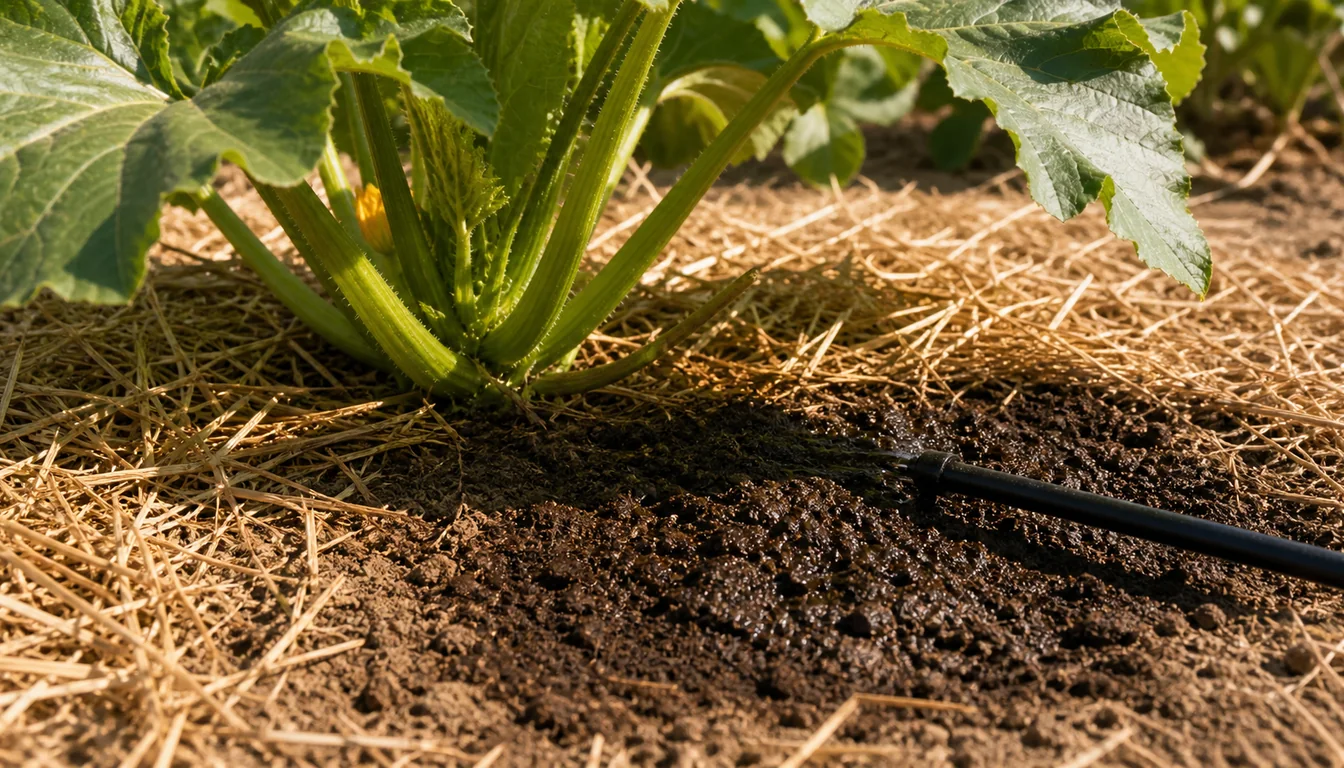 Drip line wetting mulched soil beside a squash crown while the broad leaves remain dry