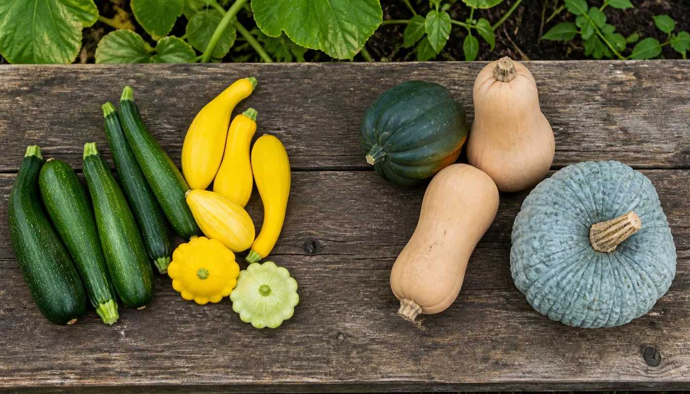 Young zucchini, yellow crookneck, and pattypan beside mature acorn, butternut, and hubbard squash