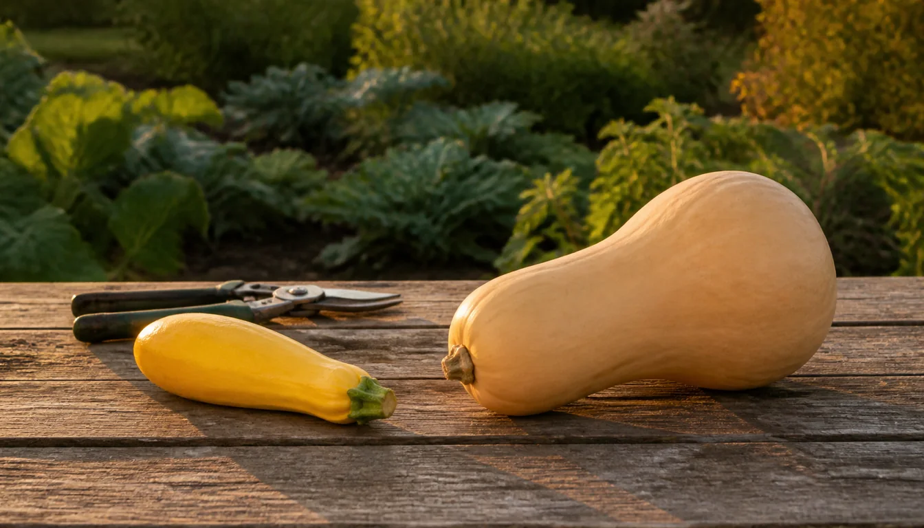 Small glossy yellow summer squash beside mature butternut squash with a hard rind and dry corky stem