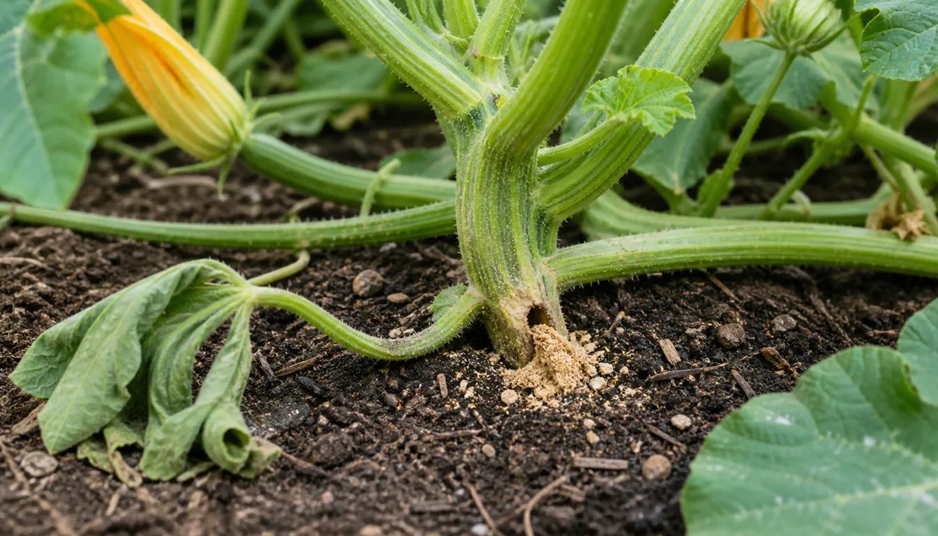 Wilted squash runner near the crown with visible frass at a stem entry point