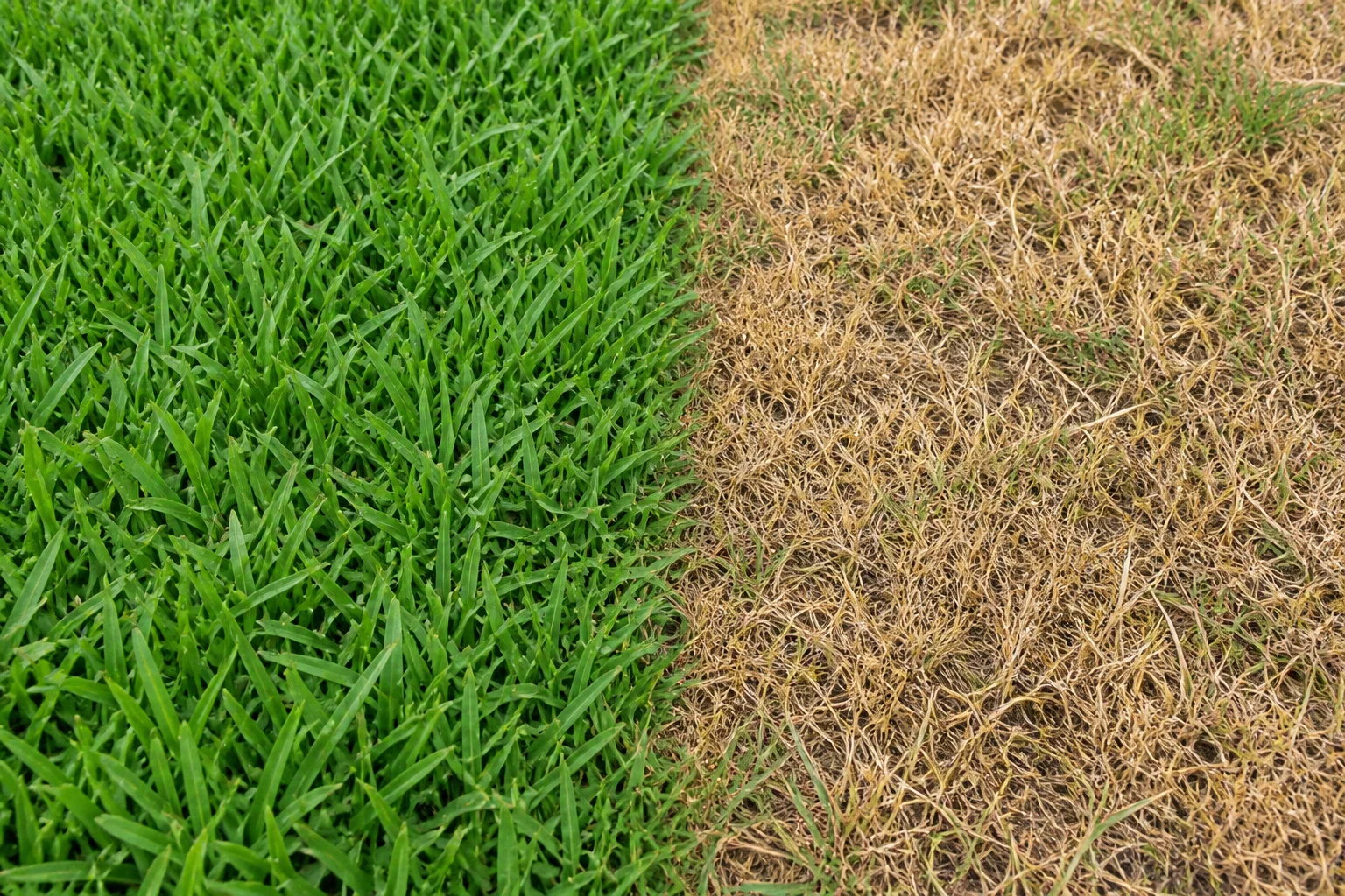Side-by-side St. Augustine turf comparison showing healthy dense green grass and chinch bug damaged straw-brown turf