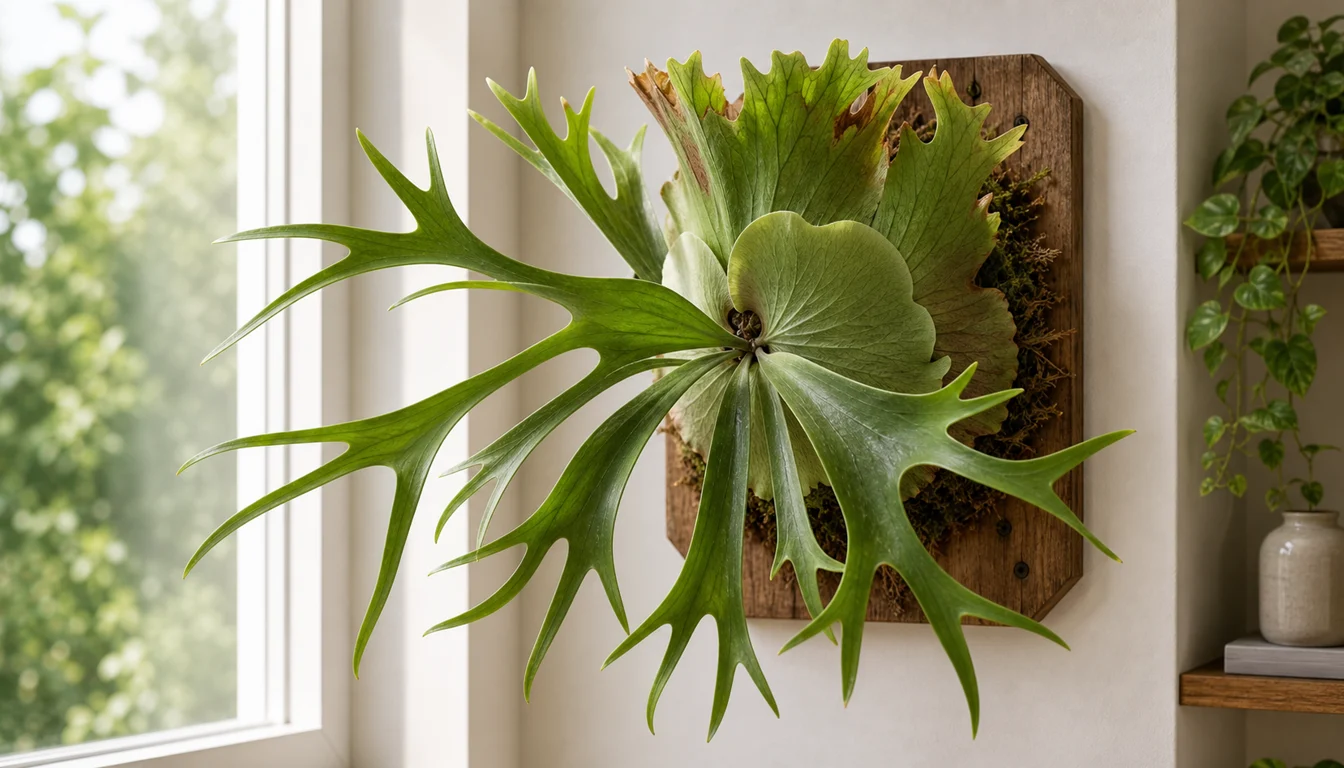 Mounted staghorn fern with shield fronds wrapped around moss on a wooden wall plaque