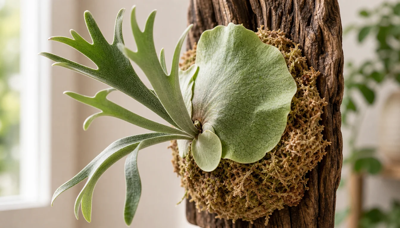 Close view of a staghorn fern shield frond gripping moss on a mounted board
