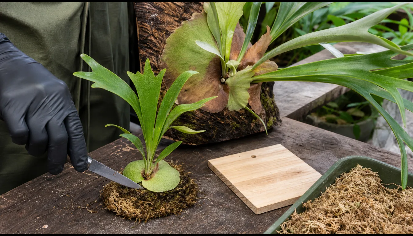 Staghorn fern pup with its own shield frond and moss pad beside a clean blade and new board