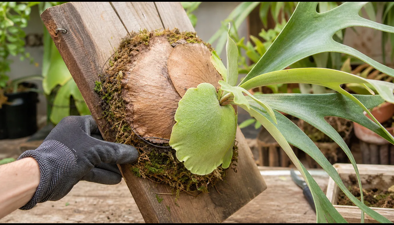 Gloved hand inspecting a mounted staghorn fern shield frond and moss pad on a wooden board