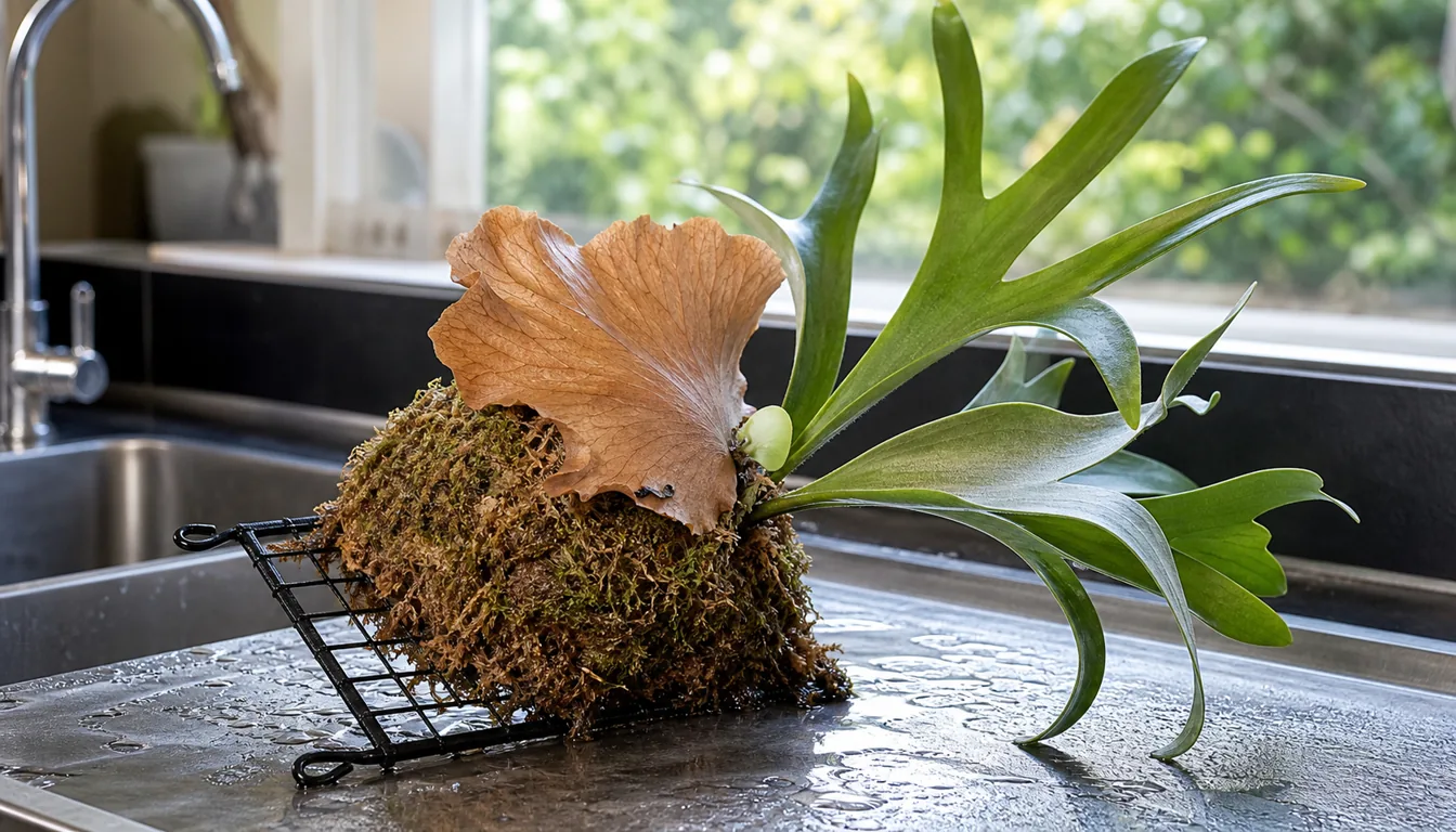 Staghorn fern mount draining flat after the moss root pad has been soaked
