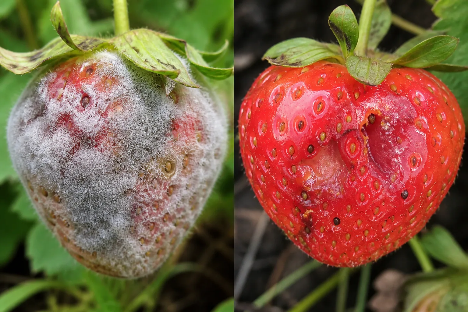 Side-by-side comparison of strawberries showing a berry covered in fuzzy gray mold fungal growth on the left versus a ripe strawberry with tiny puncture marks and soft collapsed spots from spotted wing drosophila fruit fly damage on the right