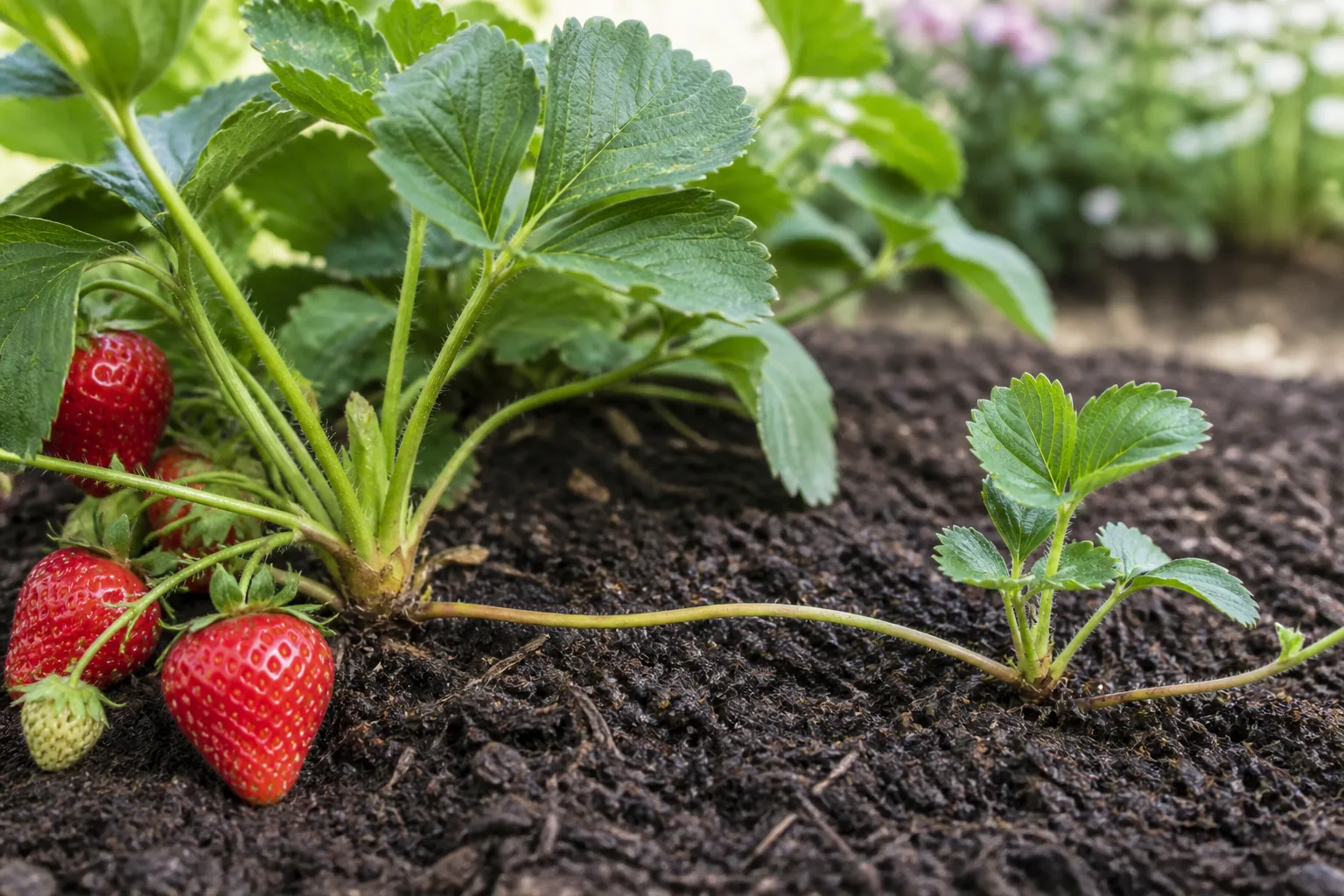 Strawberry mother plant connected by a runner to a small daughter plant at soil level