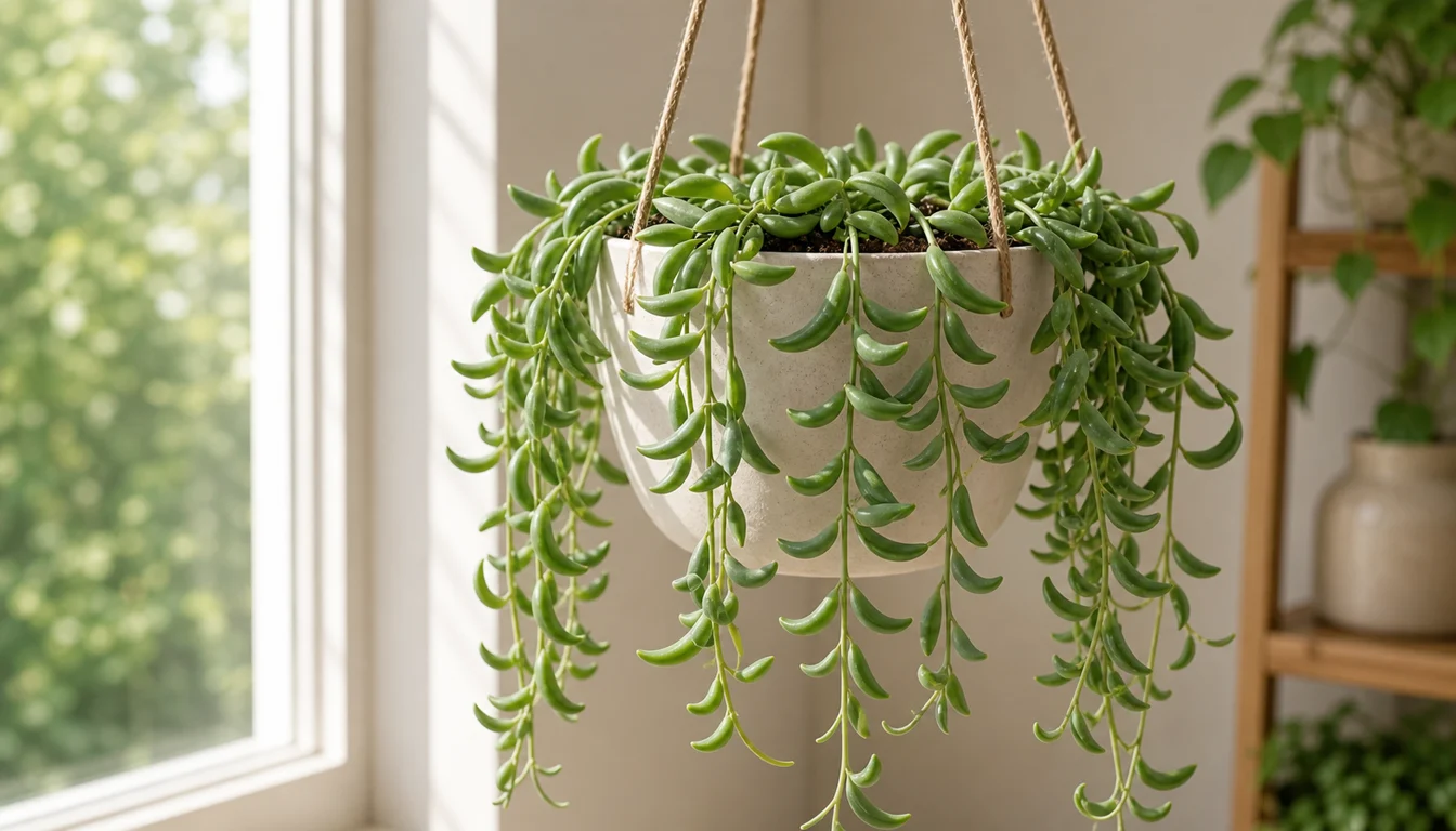 Full String of Bananas hanging basket with plump curved leaves and a green crown near a bright window