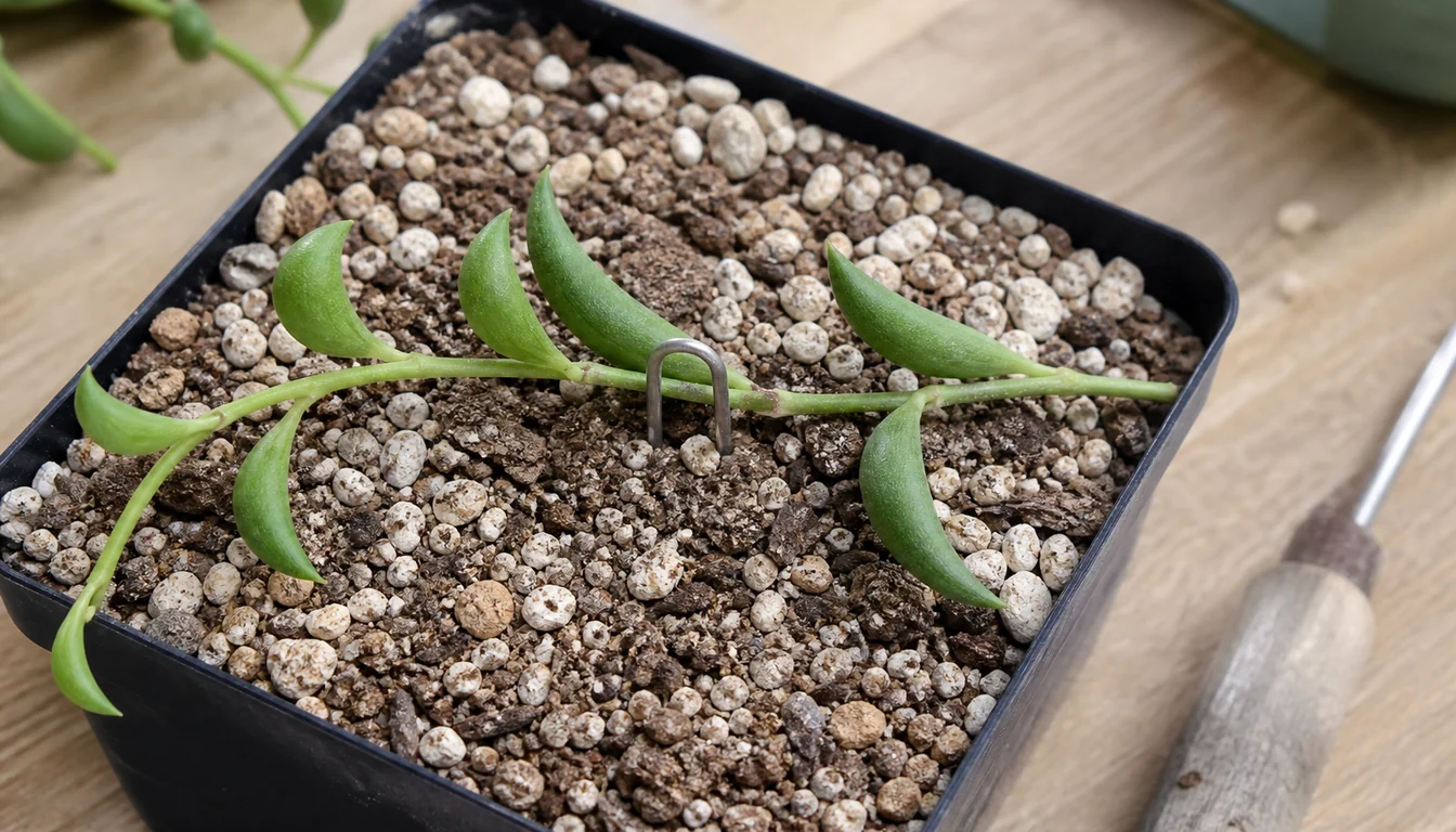 String of Bananas cutting pinned at a node on gritty succulent mix with leaves above the soil