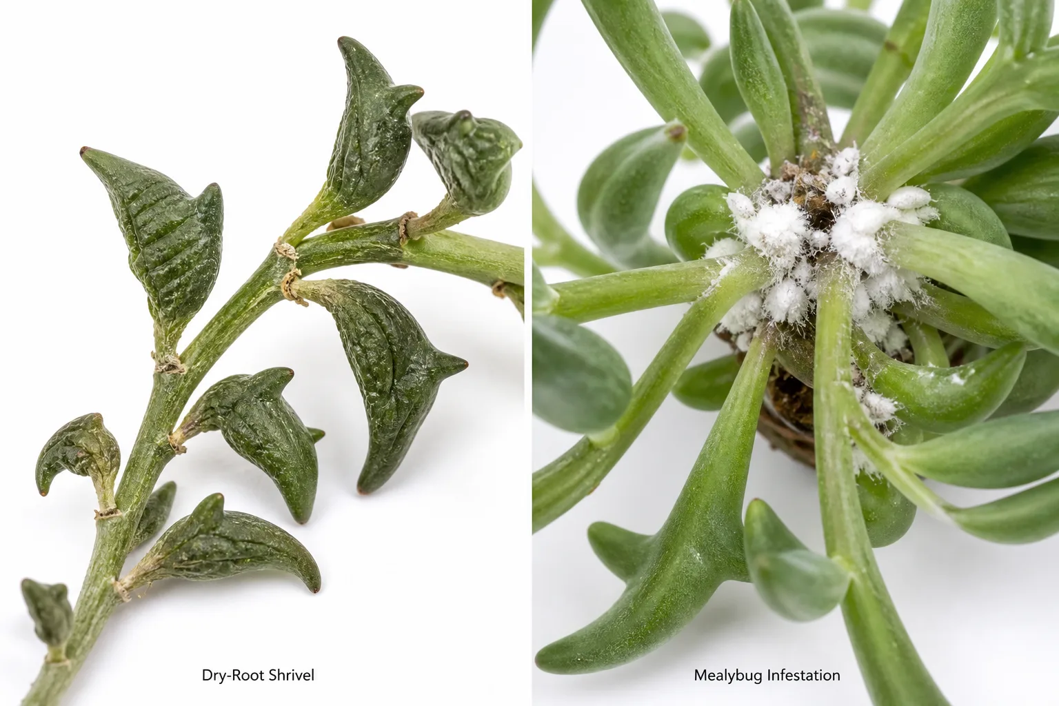 Side-by-side comparison of a String of Dolphins stem with wrinkled dry-root-shrivel leaves beside a stem junction with white cottony mealybug clusters