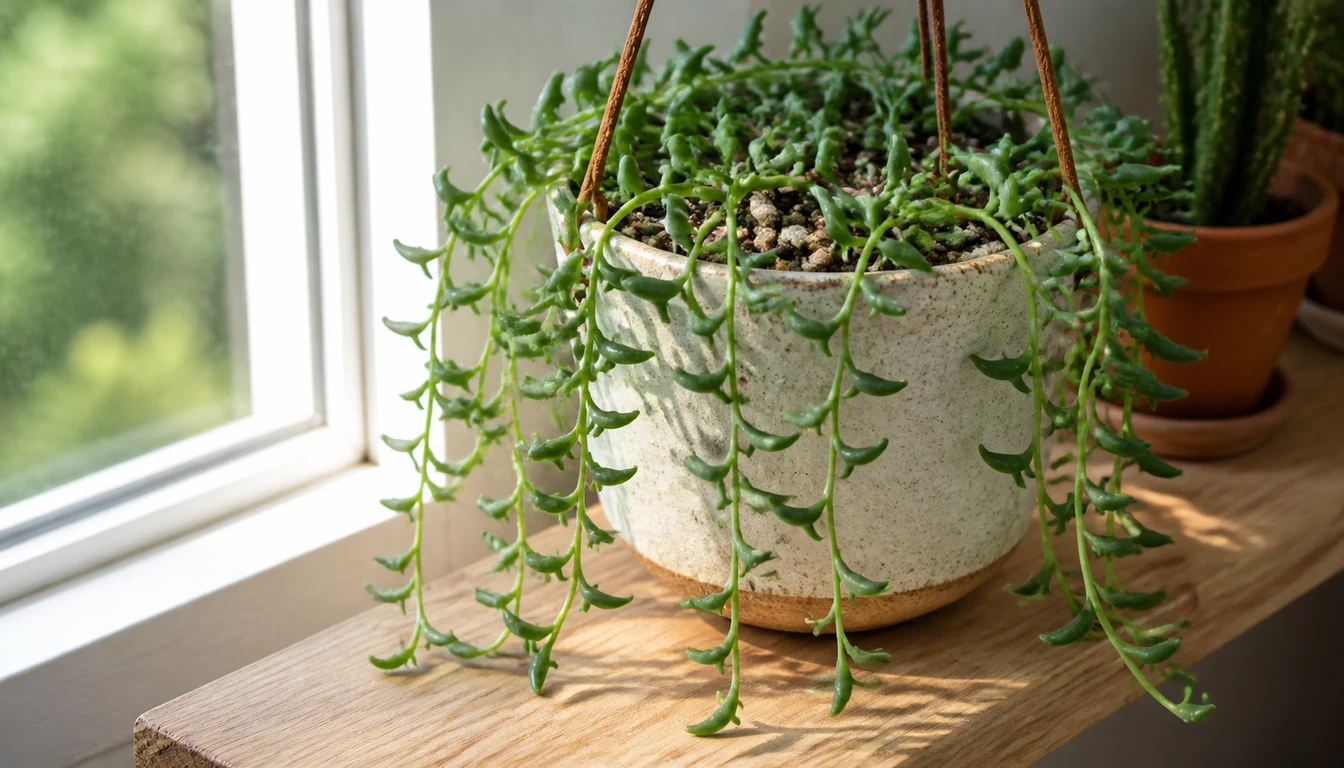 String of Dolphins succulent trailing from a hanging pot near a bright window