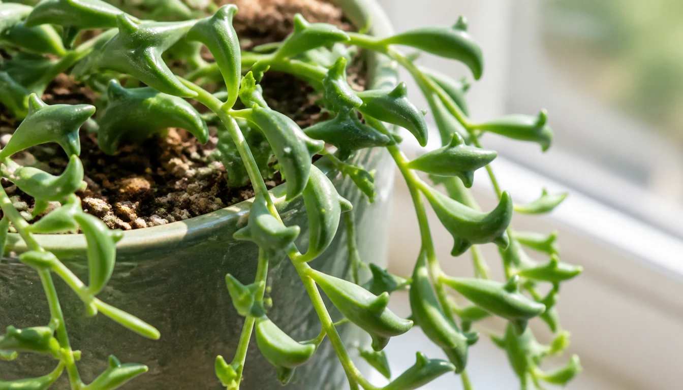 Close view of String of Dolphins succulent leaves on trailing stems in gritty mix