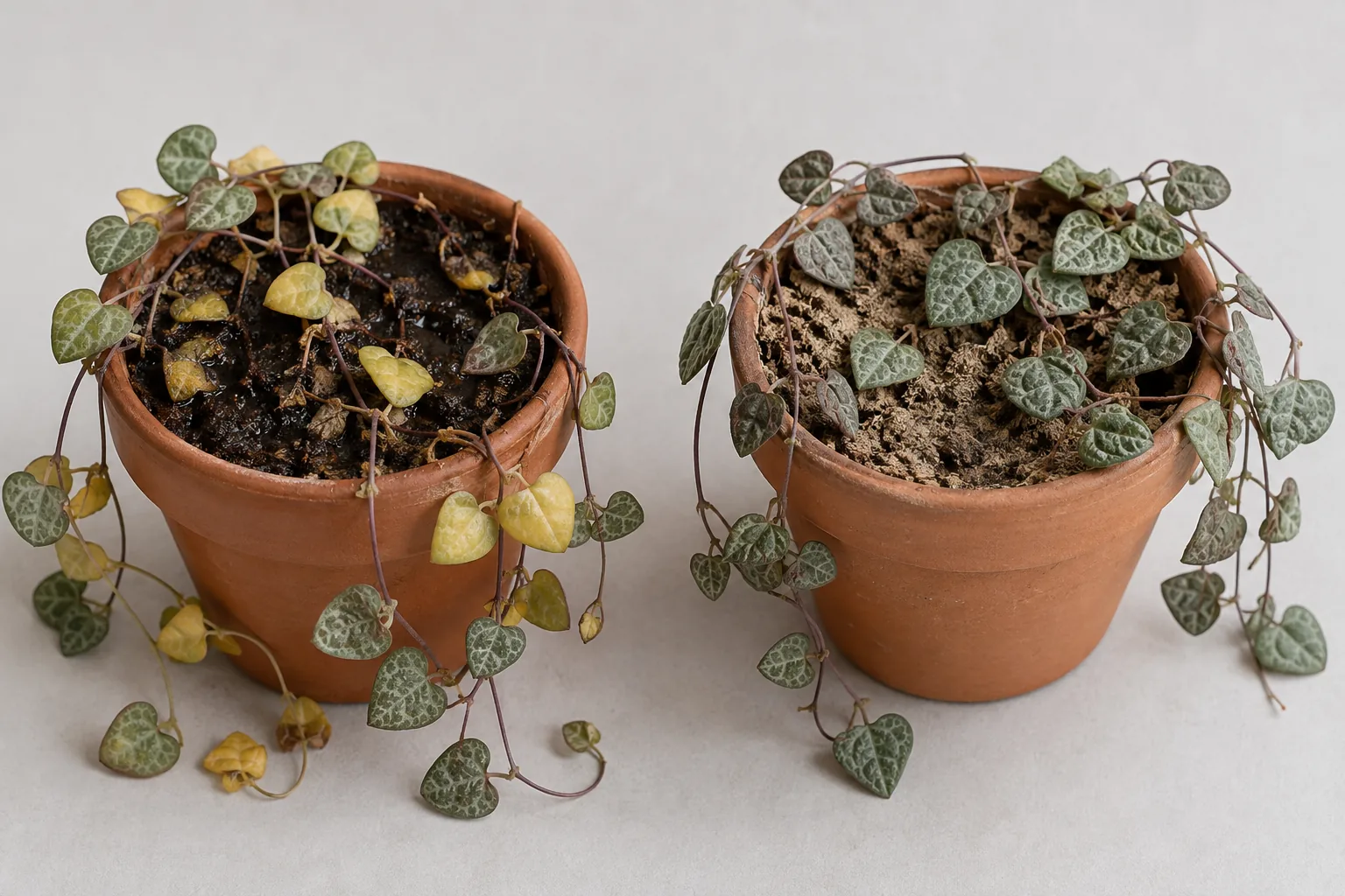 Two potted String of Hearts side by side, the left with soft yellowing leaves over dark wet soil, the right with limp slightly wrinkled green leaves over pale dry soil pulled back from the pot wall