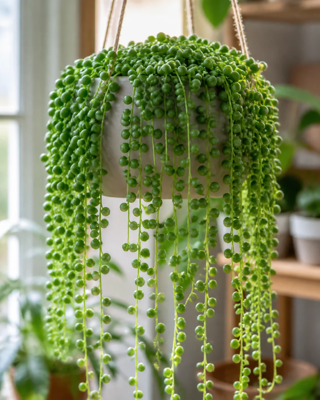 Trailing string of pearls succulent with beaded strands cascading from a hanging pot
