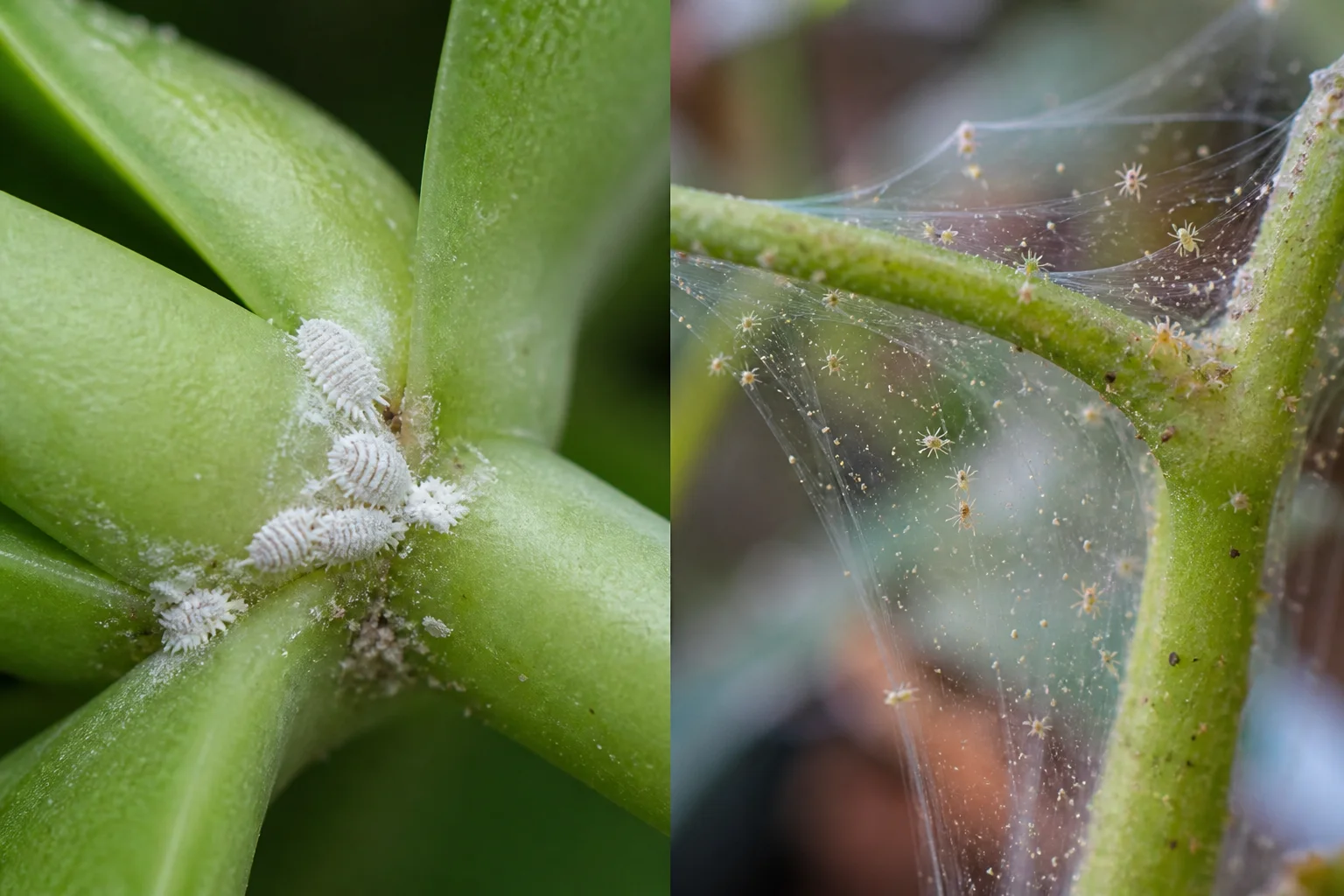 Comparison of white cottony mealybug clusters versus fine spider mite webbing on a houseplant stem